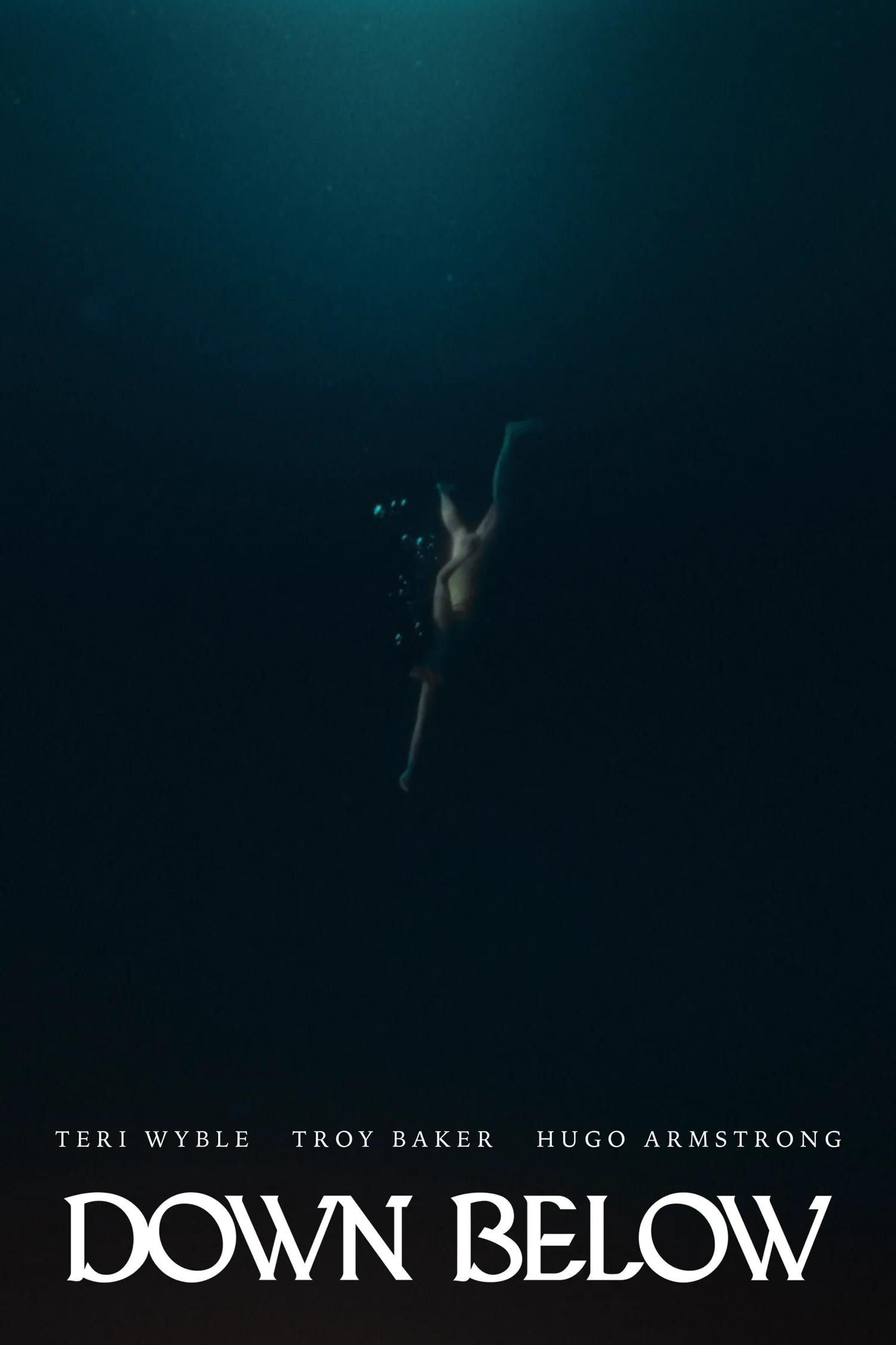 Down Below one sheet — a swimmer suspended in dark water. Teri Wyble, Troy Baker, Hugo Armstrong.